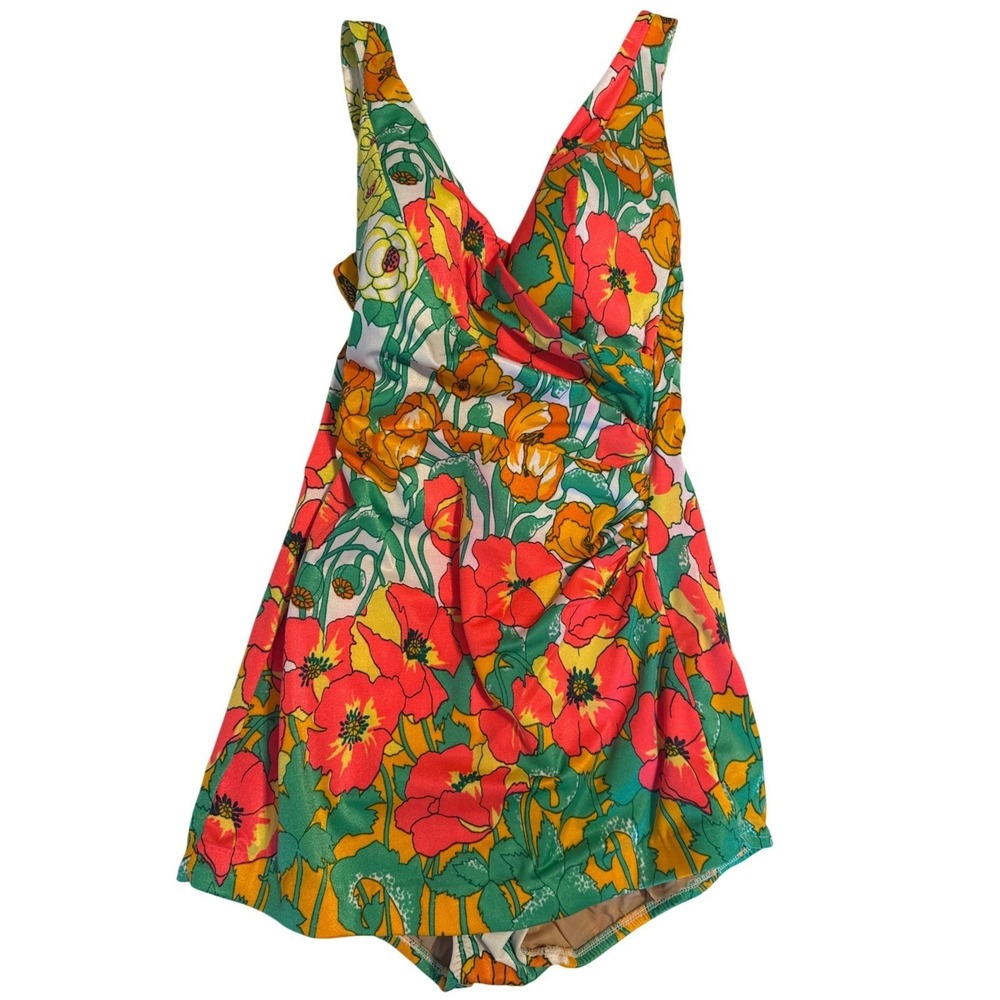 Sandcastle Vintage Swim Dress Vibrant Retro Floral Poppy Print Women Size 14